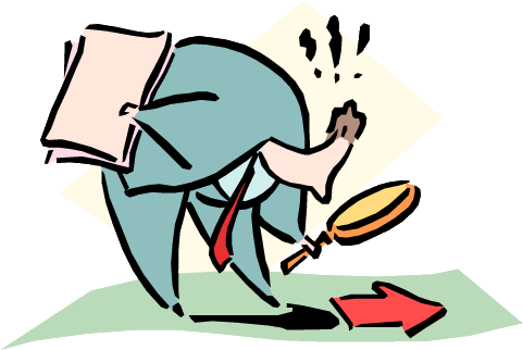 Man in business suit bending over, holding magnifying glass to look intensely at a red direction arrow on ground